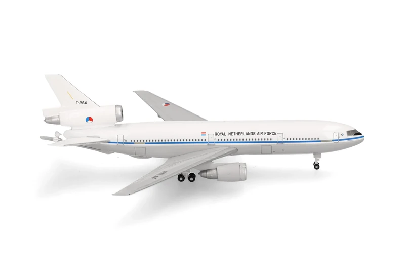 Herpa Model Aircraft Royal Netherlands AF Douglas KDC-10 Extender - 334 Sqn, Eindhoven AB - T-264 "Prins Bernhard", miniature at 1:500 scale, collector's item, aircraft model without stand, metal