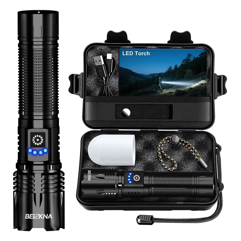 Torches LED Super Bright USB Rechargeable 50000L Flashlight 24h Long Battery Life Adjustable Focus, 5 Modes Powerful Tactical Torch IP67 Waterproof Outdoor Flash Light for Camping Hiking Emergency