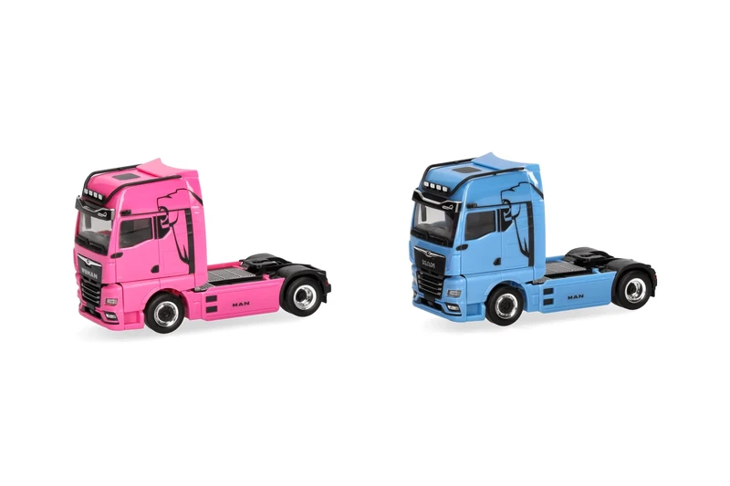 Herpa Truck Model Set WOMAN & MAN eTGX GX tractor units, 2-axle, light blue and pink, miniature at 1:87 scale, collector's item, made in Germany, plastic