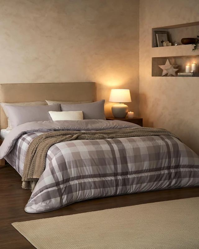 Night Lark Coverless Duvet and Pillowcase Set, Autumn Collection – Coverless Duvet Double 10.5 Tog with Advanced Smartfil® Fibre, Machine Washable, Hypoallergenic – Natural Check, Double Bed Size