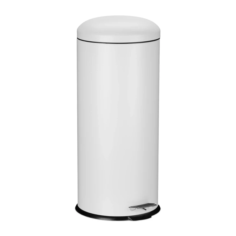 Relaxdays Kitchen Pedal Bin, 30 Litres, Rubbish Disposal, Soft Close Lid, Inner Bucket with Handle, Round, Metal, White, 10% plastic 90% iron, 30 liters