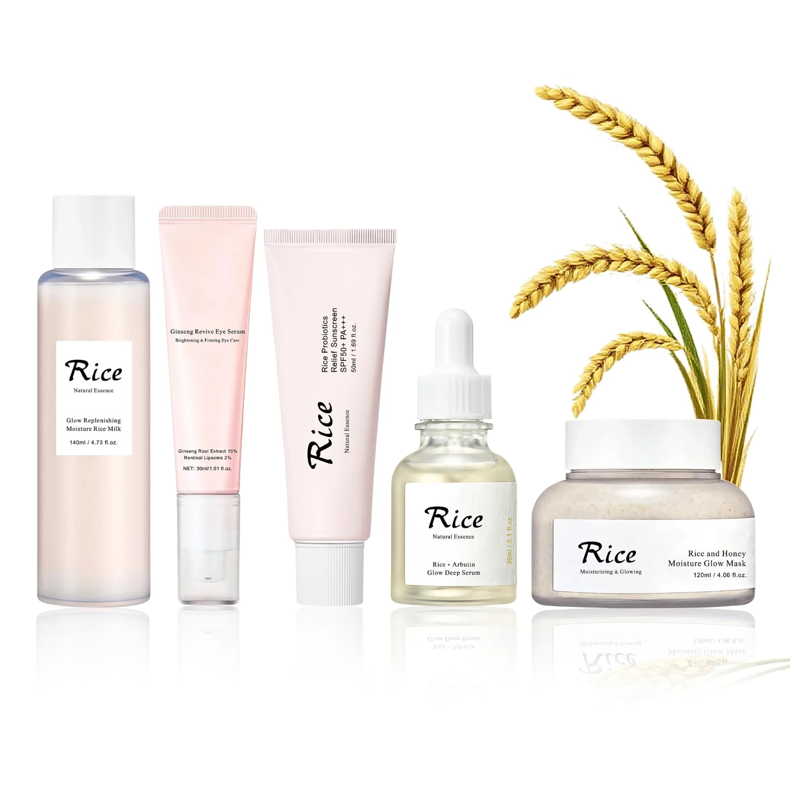 Rice Skincare Set, Rice Korean Skin Care Sets for Glass Skin, Pure Rice Glow Facial Kit, Hydrates, Brightens, Soothes, Gentle on Sensitive Skin, 5PCS(Toner, Serum, Eye Cream, Sunscreen, Mask)