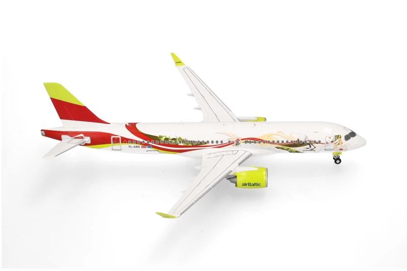 Herpa Model Aircraft airBaltic Airbus A220-300 "50th A220" - YL-ABX, miniature at 1:200 scale, collector's item, aircraft model without stand, metal
