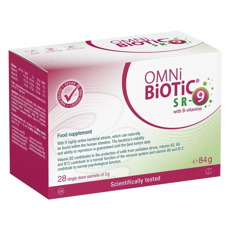 OMNi BiOTiC SR-9 with B-Vitamins | Feed Your Nerves | 28 Sachets (84 g) | Probiotic Powder | Vegan | Gluten-Free | Lactose-Free | for Daily use