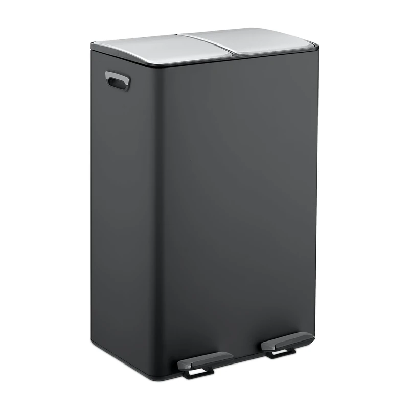 Relaxdays Kitchen Bin, 2 Compartments, 30 Litres Each, Removable Buckets, Foot Pedal, Recycling Dustbin, Black/Silver
