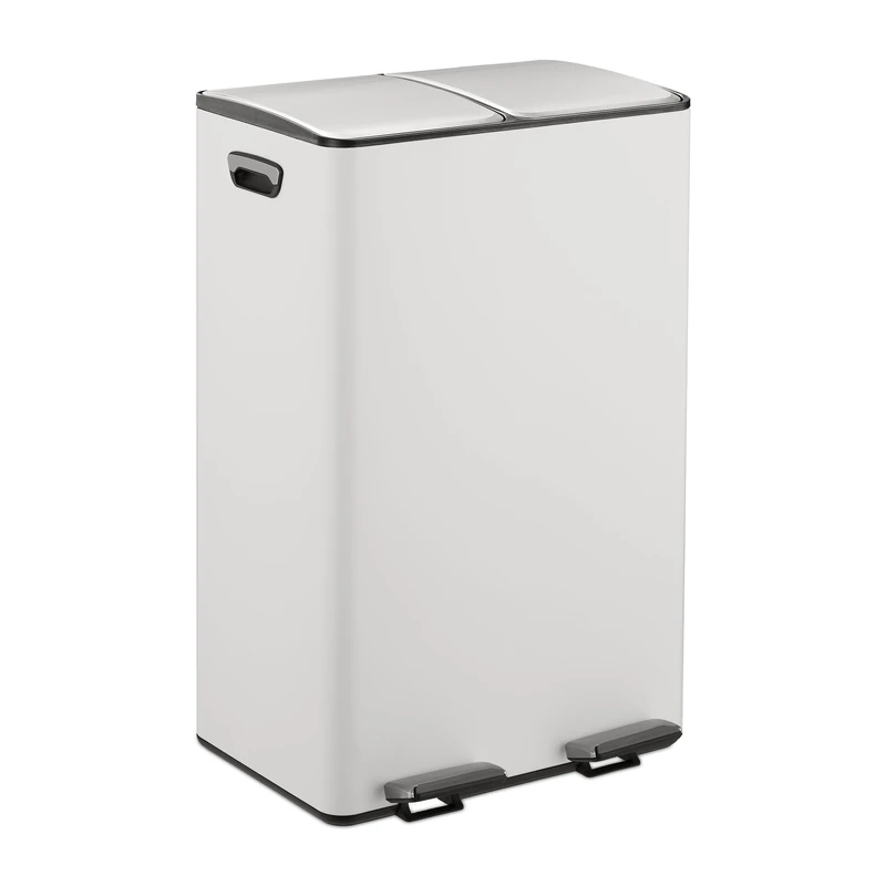Relaxdays Kitchen Bin, 2 Compartments, 30 Litres Each, Removable Buckets, Foot Pedal, Recycling Dustbin, White/Silver