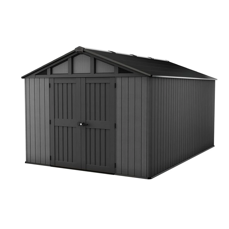 Keter Stronghold 10x15ft Outdoor Storage Shed | Evotech Wood-Effect, Weatherproof | Steel-Reinforced, Heavy-Duty Floor | Built-In Ventilation, Skylights & Windows | Extra-Wide Double Doors