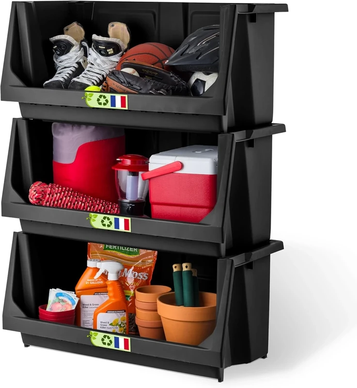 Iris Ohyama, 3 Pack Stackable Plastic Storage Bins Large Volume Lightweight Strong Open Front Storage Bins for Garage Storage, Garden Maintenance, SBIN-L, Black