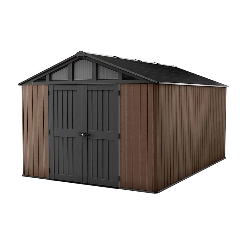 Keter Stronghold 10x15ft Outdoor Storage Shed | Evotech Wood-Effect, Weatherproof | Steel-Reinforced, Heavy-Duty Floor | Built-In Ventilation, Skylights & Windows | Extra-Wide Double Doors