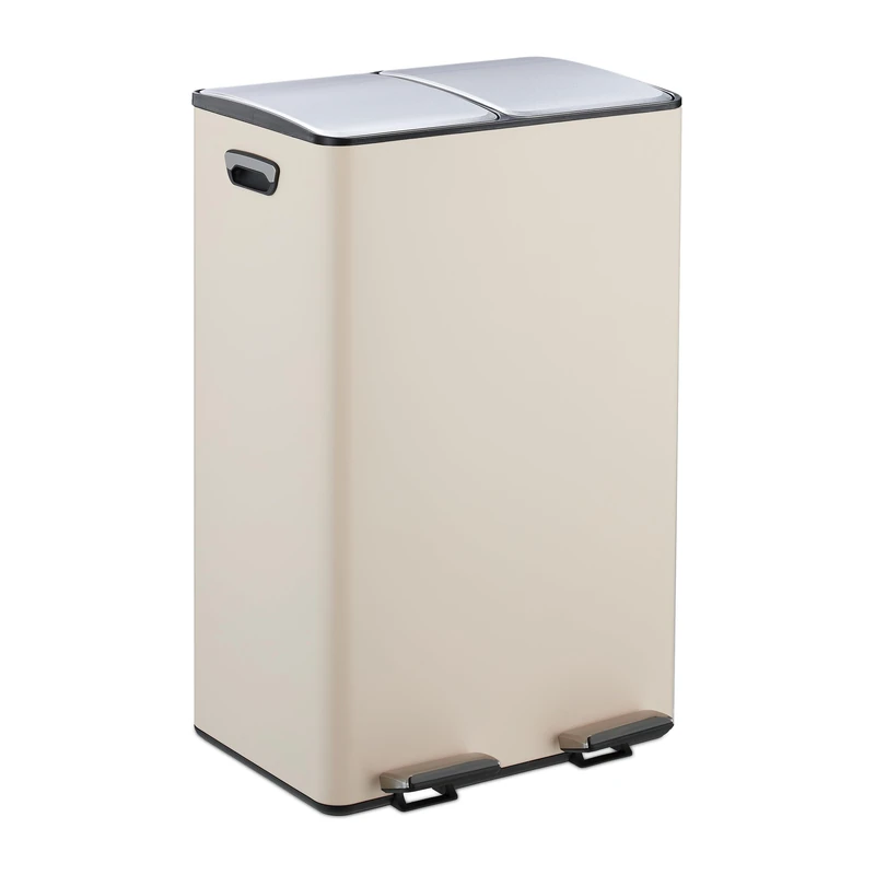 Relaxdays Kitchen Bin, 2 Compartments, 30 Litres Each, Removable Buckets, Foot Pedal, Recycling Dustbin, Beige/Silver