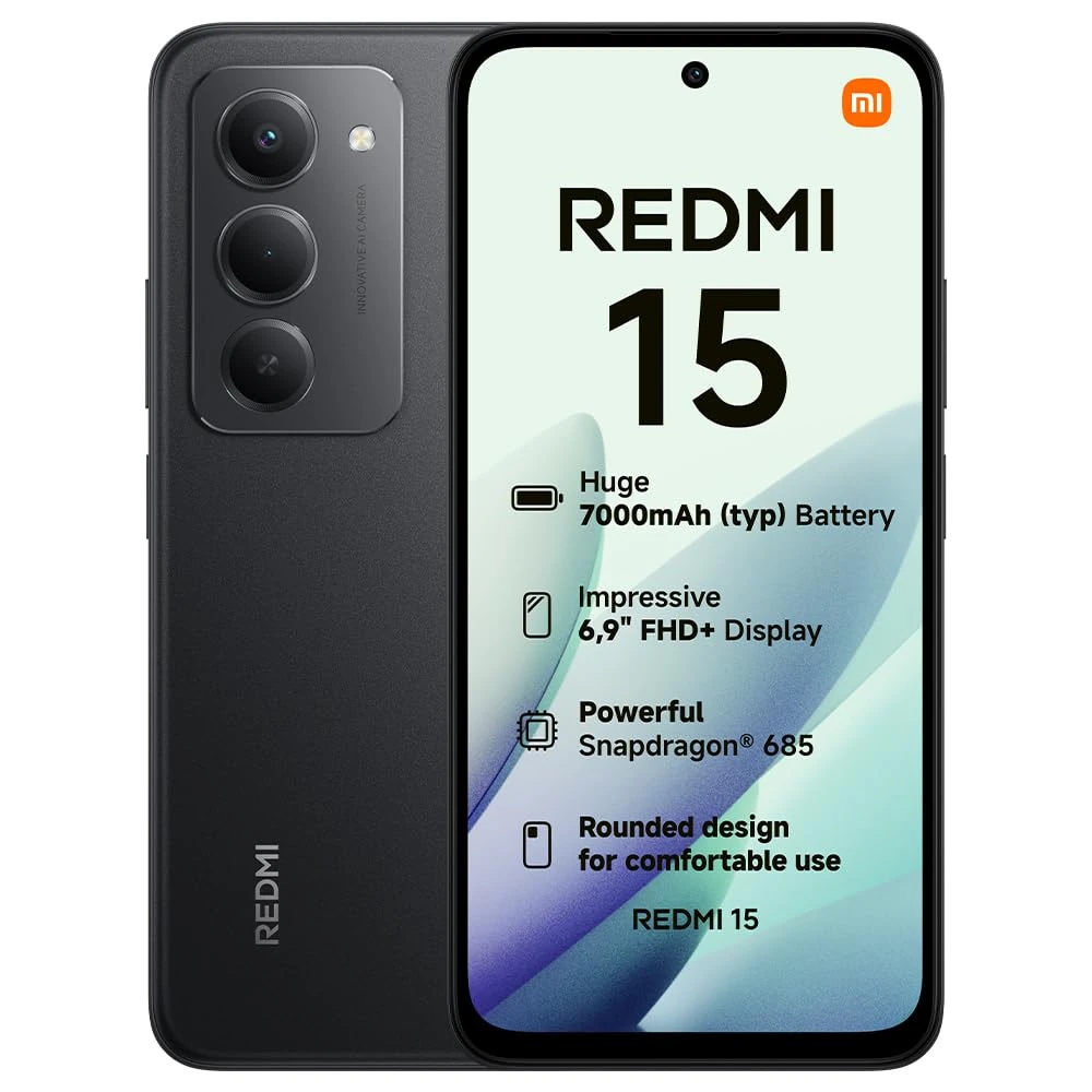 XIAOMI Redmi 15, Smartphone 6+128GB, 6.9" FHD+ 144Hz DotDisplay, Snapdragon 685, 50MP AI dual camera, 7000mAh Battery, Black, Charger Not Included