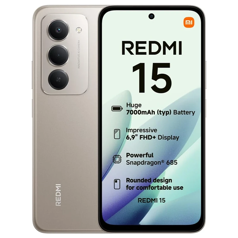 XIAOMI Redmi 15, Smartphone 8+256GB, 6.9" FHD+ 144Hz DotDisplay, Snapdragon 685, 50MP AI dual camera, 7000mAh Battery,Titanium, Charger Not Included