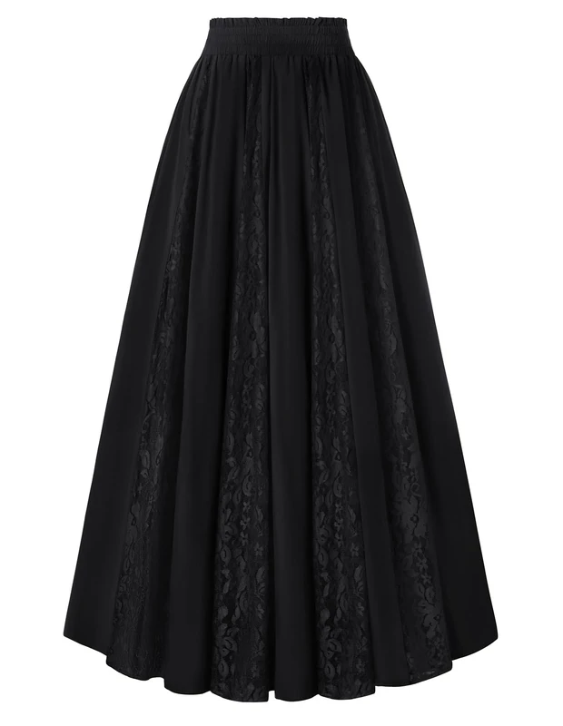 SCARLET DARKNESS Medieval Costume Vintage Long Skirts for Women UK Cosplay Party Flowy Renaissance Black Lace Skirt S