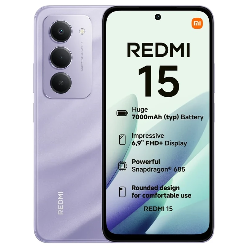 XIAOMI Redmi 15, Smartphone 8+256GB, 6.9" FHD+ 144Hz DotDisplay, Snapdragon 685, 50MP AI dual camera, 7000mAh Battery, Purple, Charger Not Included
