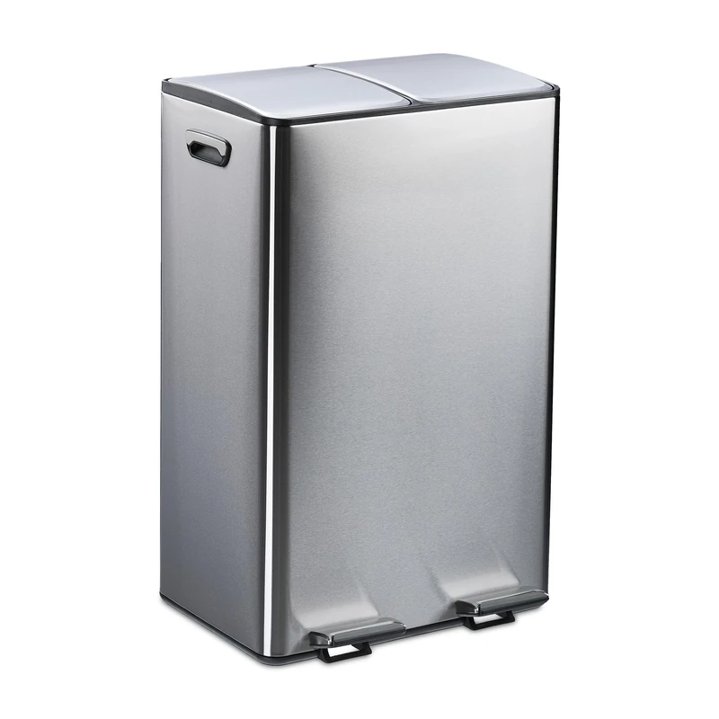 Relaxdays Kitchen Bin, 2 Compartments, 30 Litres Each, Removable Buckets, Foot Pedal, Recycling Dustbin, Silver/Black