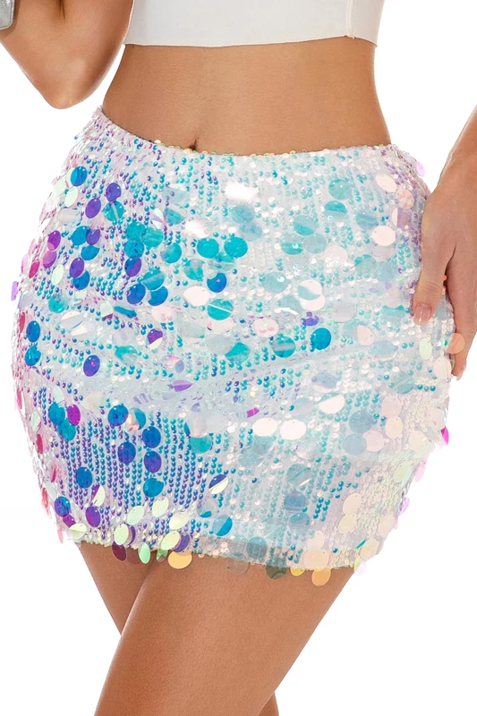 GUANYY Women's Sequin Skirt Stretchy Bodycon Mini Sexy Sparkly Skort Glitter Shiny Night Out Party Skirt, Colorful Bling, XS