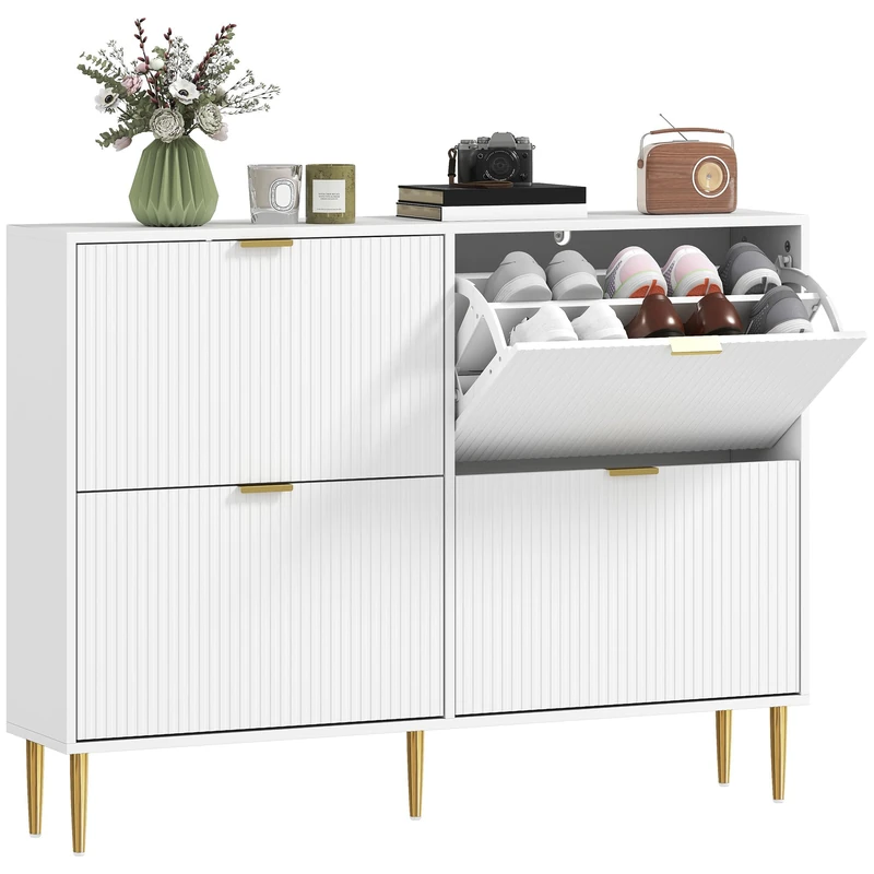 HOMCOM Narrow Shoe Cabinet with 4 Flip Drawers, Modern Slim Shoe Storage Cabinet with Fluted Doors and Adjustable Shelves for Hallway, Holds 10-20 Pairs, White