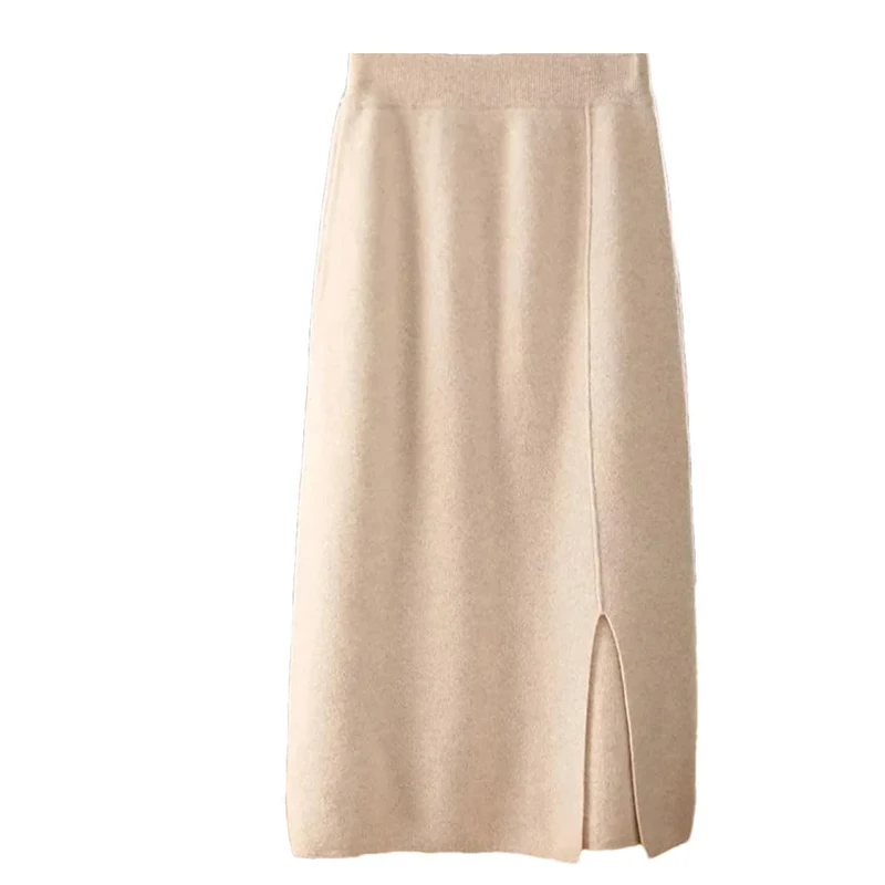 Women's Winter High Waist A- Line Knitted Mini Solid Wool Open Split Wrap Around Skirts Light Brown Gray M