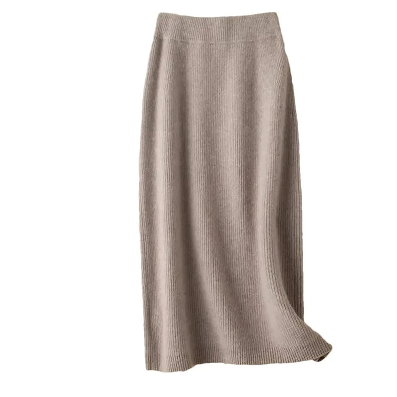 Women's Woolen Knitted Mid-Length A- Line Mini Winter Thick High Waist Cashmere Wrap Around Skirt Brown Gray XL