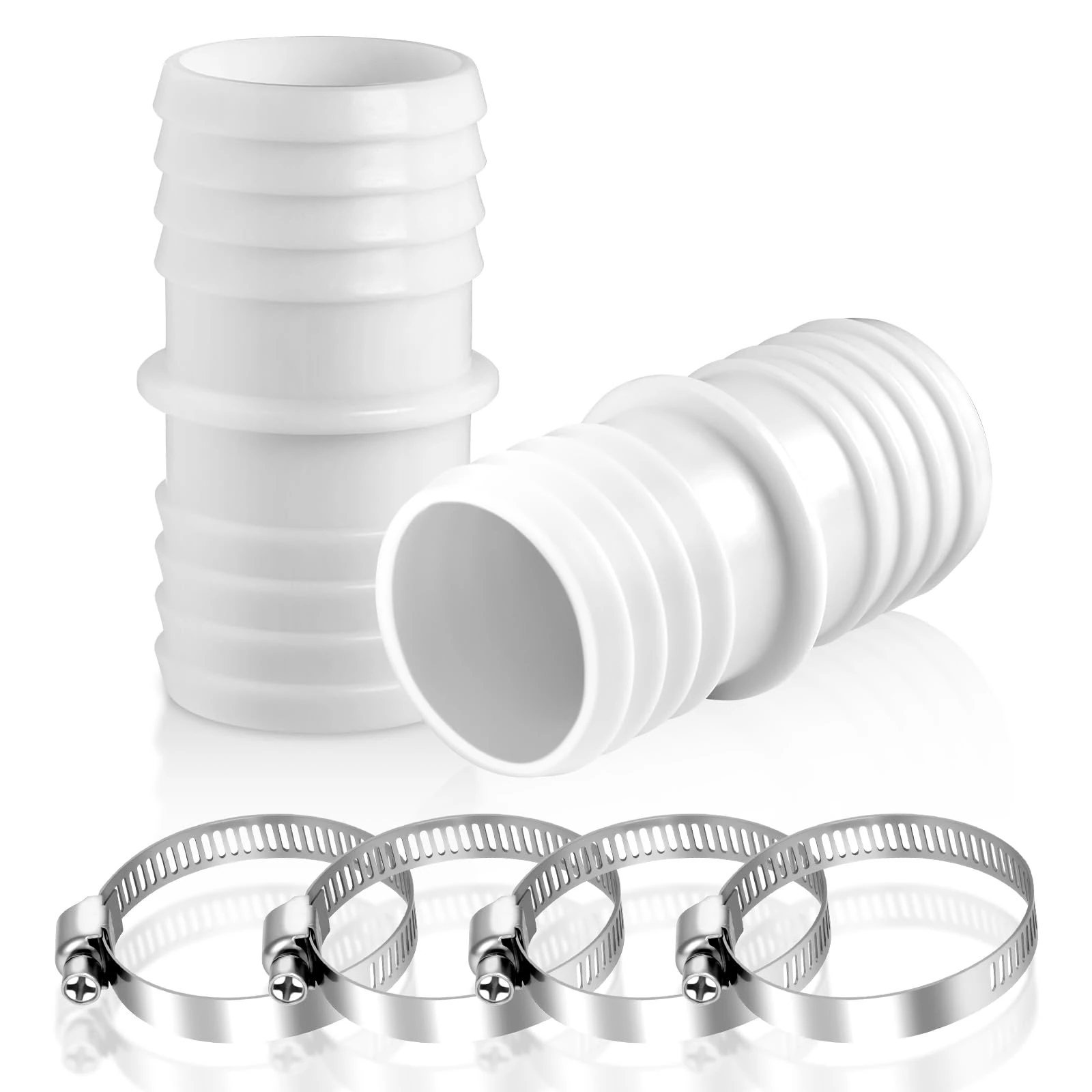 NUTKIT 2Pcs Pool Hose Connector, Hosepipe Connectors and Fittings, 38 to 38 mm Hose Quick Connector With 4 Metal Clamps, Hose Pipe Connector for Washing Machine Pool Vacuum Cleaner Adapter (White)