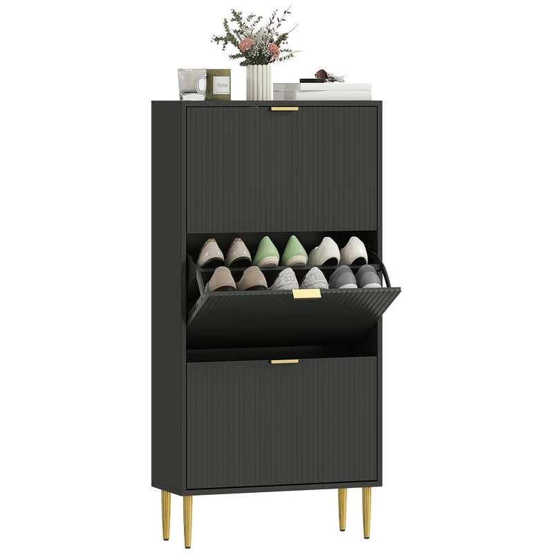 HOMCOM Narrow Shoe Cabinet with 3 Flip Drawers, Modern Slim Shoe Storage Cabinet with Fluted Doors and Adjustable Shelves for Hallway, Holds 9-18 Pairs, Black