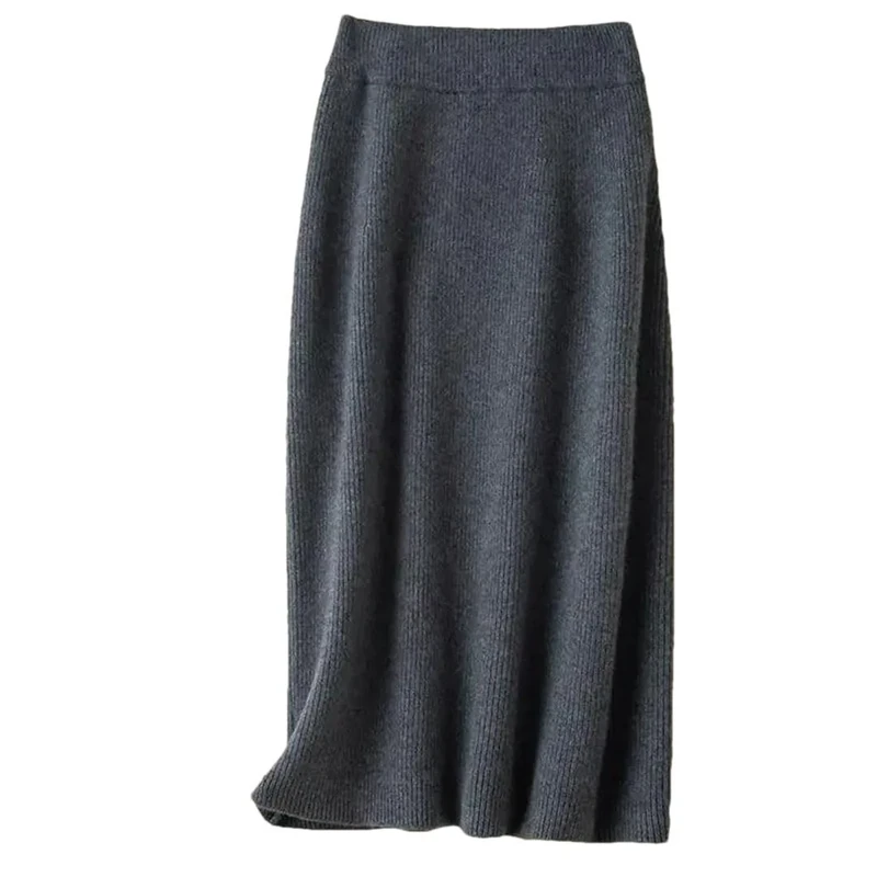 Women's Woolen Knitted Mid-Length A- Line Mini Winter Thick High Waist Cashmere Wrap Around Skirt Dark gray9 XL