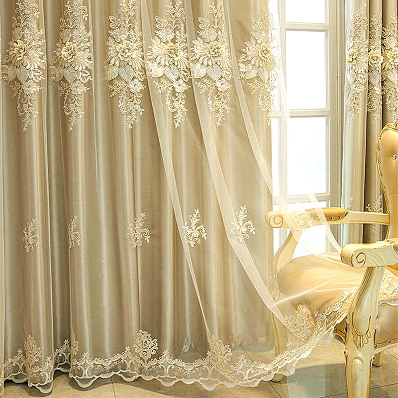 Amidoudou 1 Pair Luxury European Curtains with Valance for Living Room Bedroom Double Layer Embroidered Curtains (Gold,52x95 Inch)