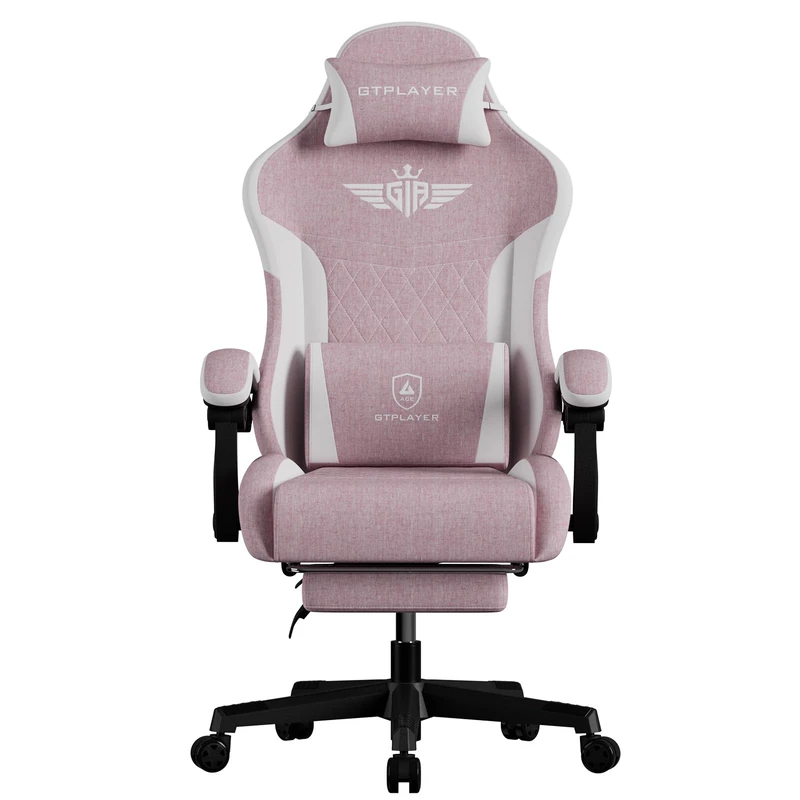 GTPLAYER Gaming Chair Fabric, High Back Computer Chairs with Footrest for Adults Ergonomic Lumbar Support Swivel PC Chair for Home Office (Pink)