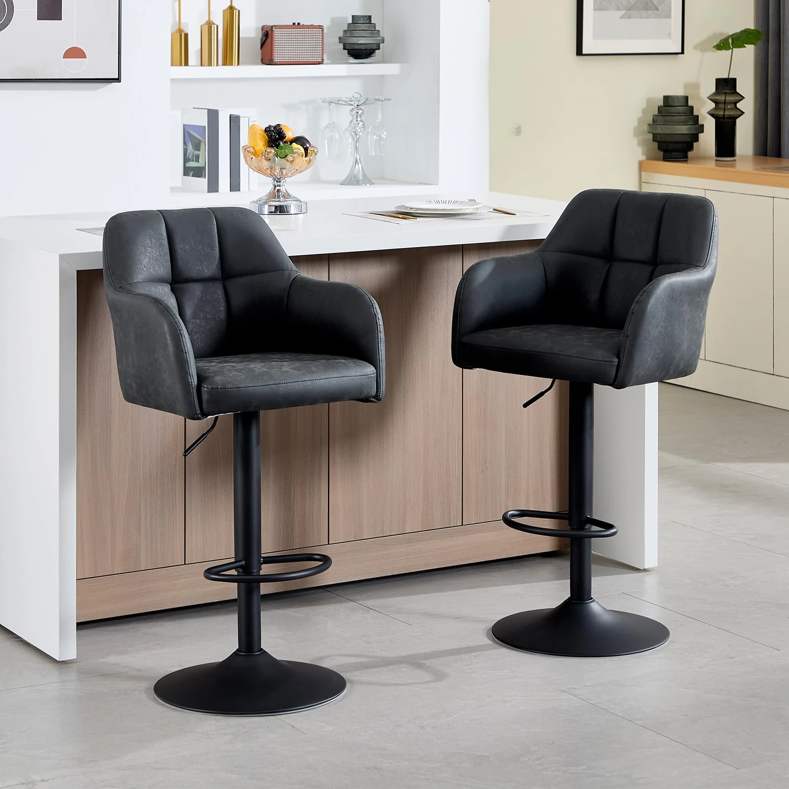 KHISCHMO Modern PU Leather Bar Stools Set of 2 Adjustable Height Bar Chairs Swivel Breakfast Barstools Upholstered Counter Stools with Backrest Armrest Footrest for Kitchen Dining Room, Darkgery
