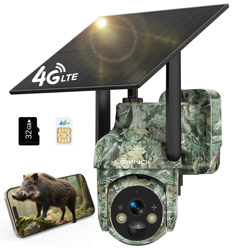 Lemnoi 4G LTE Solar Security Camera No WiFi, Camouflage Wildlife Camera with Pre-installed SIM Card and SD Card, Color Night Vision, Motion Detection, IP66 Waterproof, 360°View, 2-Way Audio