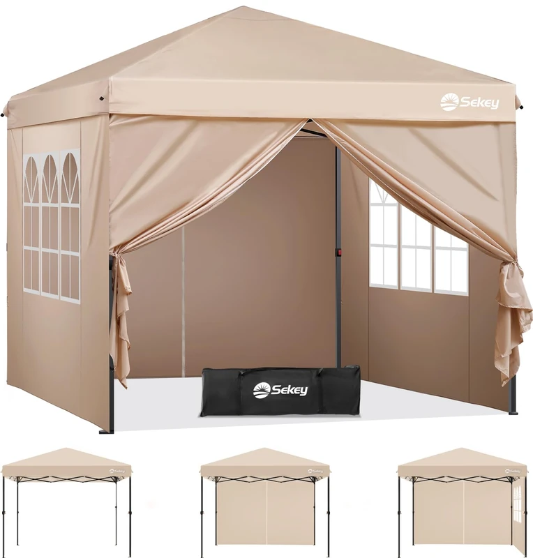 Sekey Premium Pop Up Gazebo 3 x 3 cm Waterproof Stable 3 x 3 m Gazebo with Side Walls, Folding Gazebo Party Tent Foldable for Camping Party, Height Adjustable 250-270 cm, Khaki