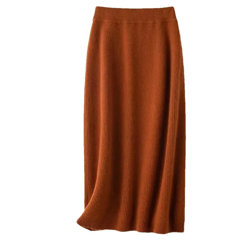 Women's Woolen Knitted Mid-Length A- Line Mini Winter Thick High Waist Cashmere Wrap Around Skirt Caramel Color XL