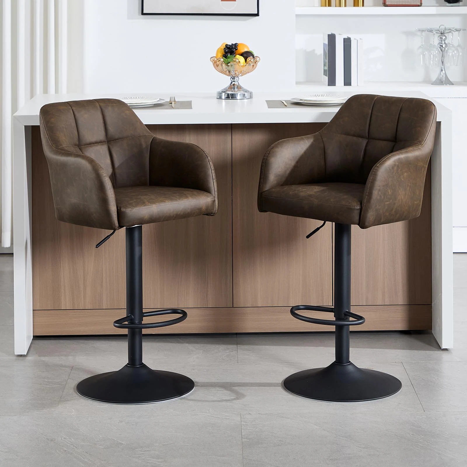 KHISCHMO Modern PU Leather Bar Stools Set of 2 Adjustable Height Bar Chairs Swivel Breakfast Barstools Upholstered Counter Stools with Backrest Armrest Footrest for Kitchen Dining Room, Brown