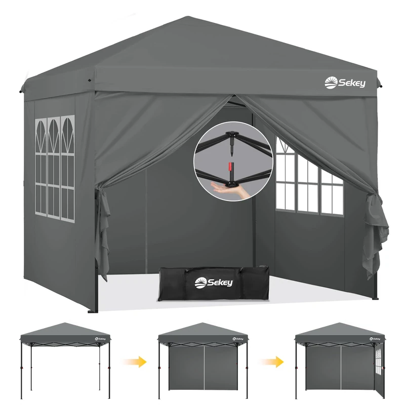 Sekey Premium Pop Up Gazebo 3 x 3 cm Waterproof Stable 3 x 3 m Gazebo with Side Walls Folding Gazebo Party Tent Foldable for Camping Party Height Adjustable 250-270 cm Grey