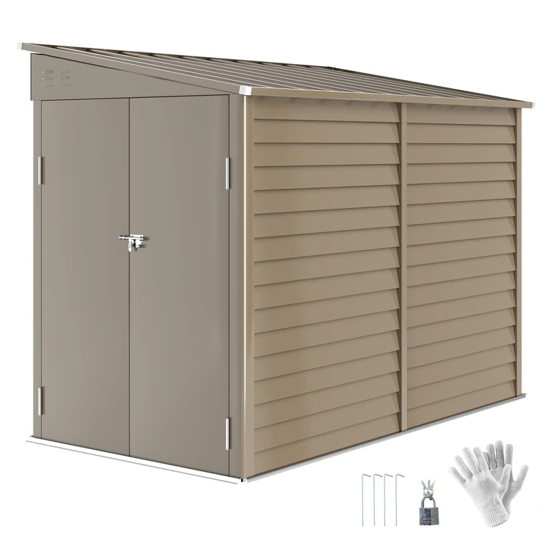Outsunny 5 x 9ft Galvanised Metal Garden Shed with Foundation Kit, Outdoor Lean-to Shed, Tool Storage House with Lockable Doors, Gloves and 2 Air Vents for Patio, Garden, Brown