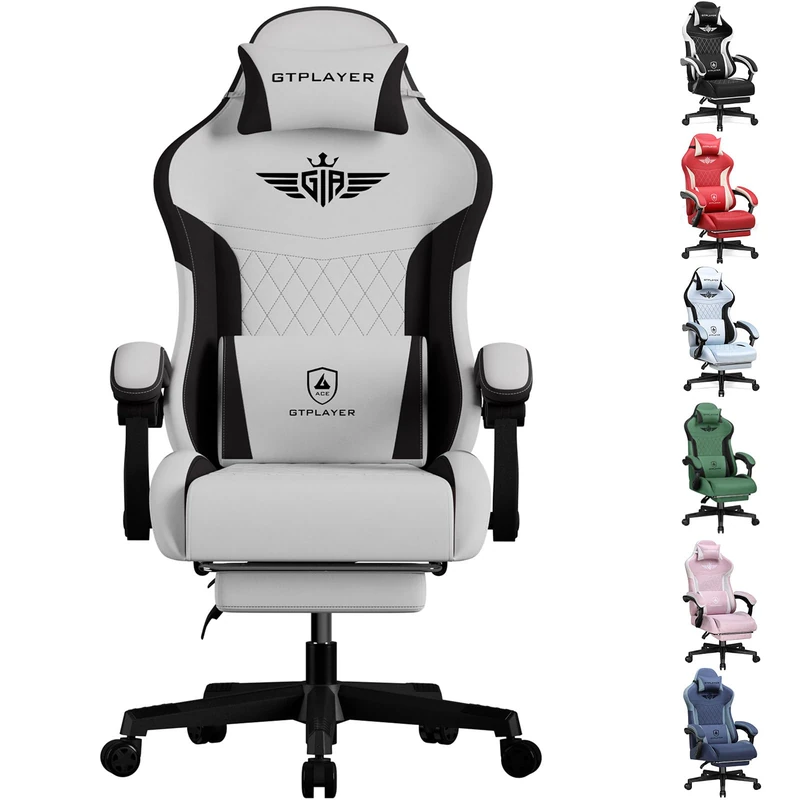 GTPLAYER Gaming Chair Fabric, High Back Computer Chairs with Footrest for Adults Ergonomic Lumbar Support Swivel PC Chair for Home Office (Gray)