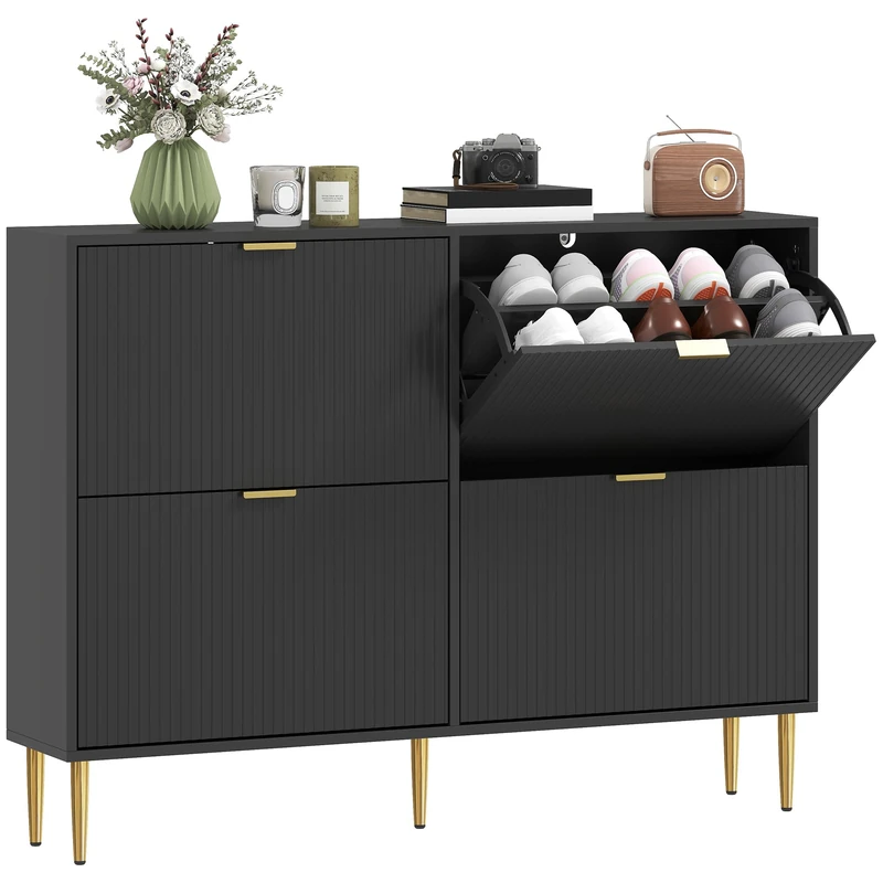HOMCOM Narrow Shoe Cabinet with 4 Flip Drawers, Modern Slim Shoe Storage Cabinet with Fluted Doors and Adjustable Shelves for Hallway, Holds 10-20 Pairs, Black