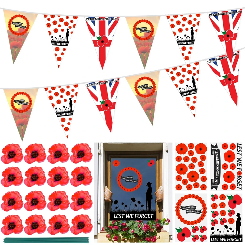 Remembrance Day Decorations Set, Lest We Forget Bunting 5m, Poppy Stickers 4 Sheets, Silk Poppy Flowers Artificial with Stem 16 Pieces, Waterproof Poppy Flag Doubleside Static Window Cling - Image 1