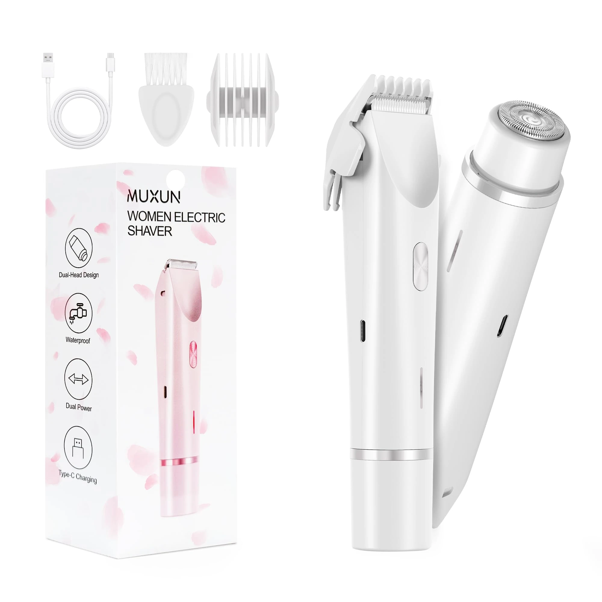 Bikini Trimmer for Women, 2-in-1 Lady Shaver Rechargeable Electric Razor for Women Legs, Body & Intimate Areas, USB-C Wet & Dry Use (White)