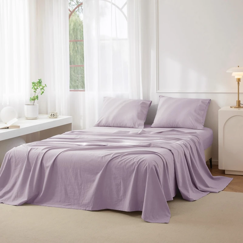 JIYUAN Full Washed Cotton Sheet Set, 4-Piece, Relaxed Linen Feel