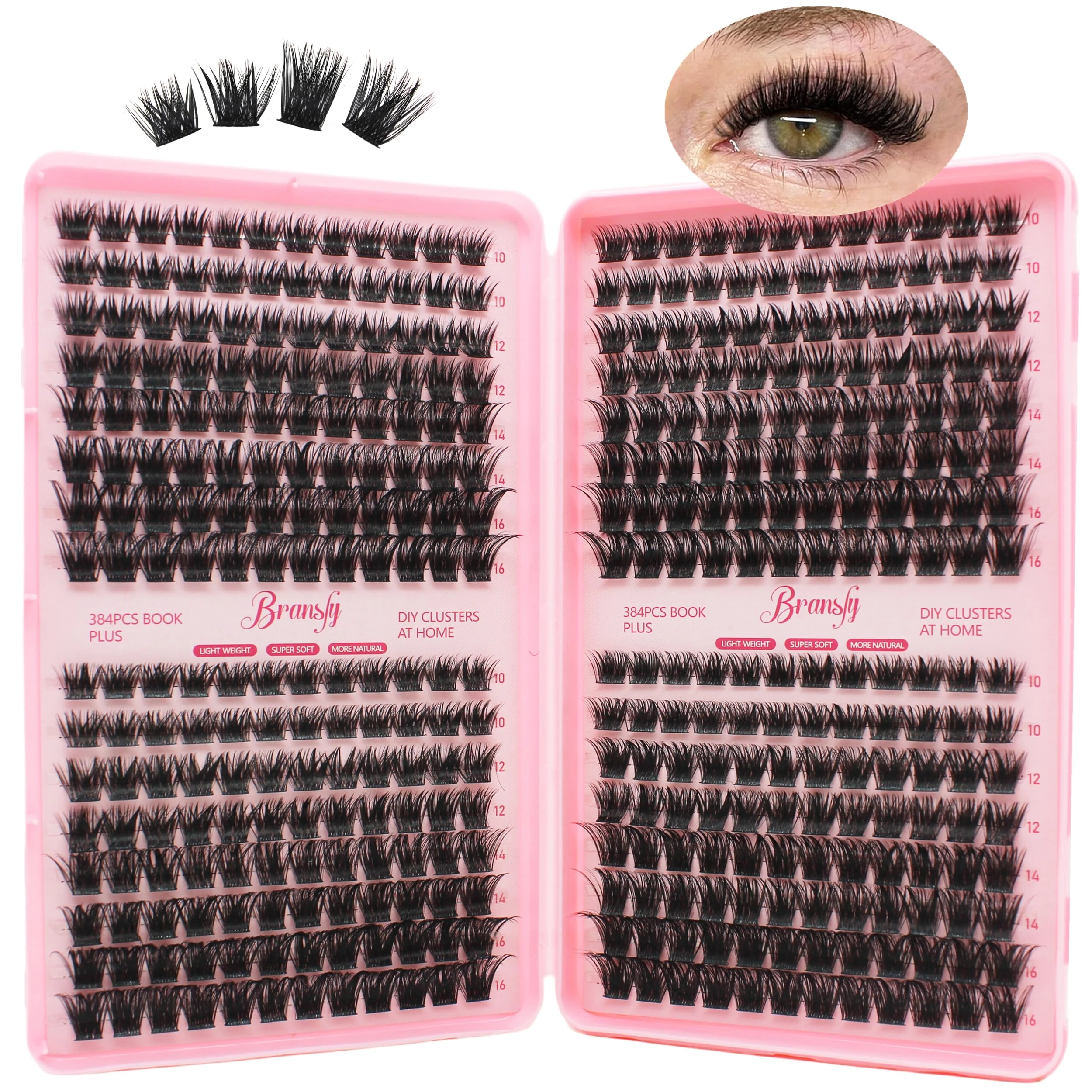 Bransfy 384PCS Cluster Lashes Individual Eyelashes Russian Eyelashes Extensions Clusters 10-16mm Volume Eyelashes Extensions False Eyelash Wispy Fluffy Lash Extension Kit DIY at Home for Beginner(W02)