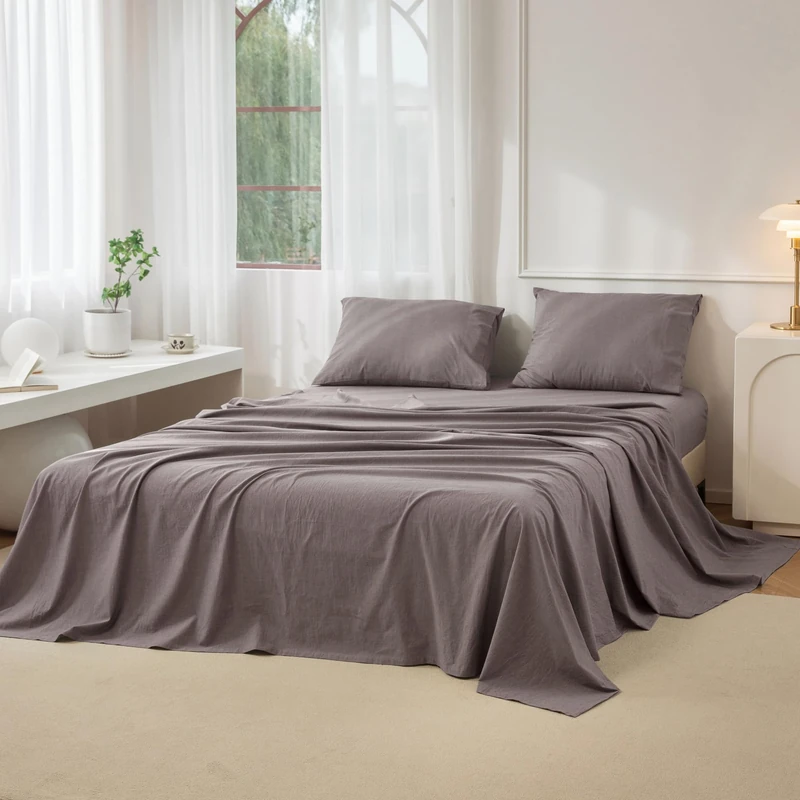 JIYUAN 100% Washed Cotton Sheet Set 3 Pieces Twin,1 Fitted Sheet,1 Flat Sheet and 1 Pillowcase, Comfy and Breathable Linen Like Bedding Set,Heathered Mauve Brown