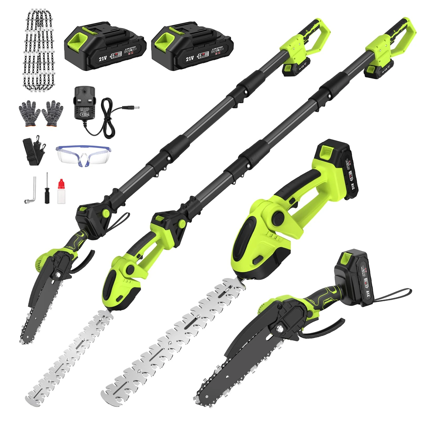 Cordless Pole Hedge Trimmer & Chainsaw Set, 2 * 4.0Ah Battery Rechargeable 7.05Ft Extension Pole 550W Pure Copper Motor 0-135° Adjust Angle Long Reach Trimmer Pruning Branch for Fence, Grass Trimmer