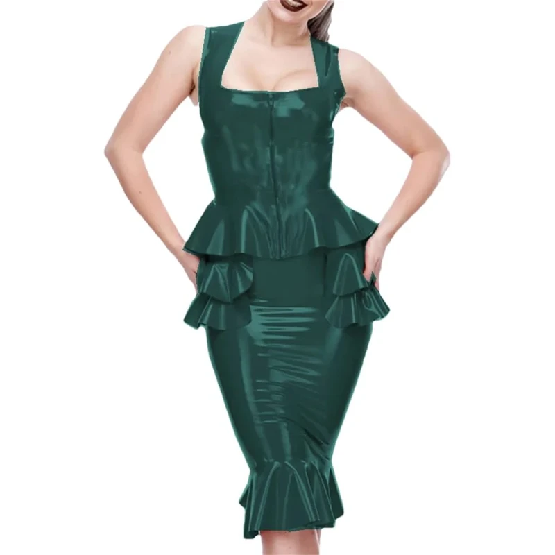 Women Skirt Sets Zipper Front Crop Tops Ruffles Pencil Mini Skirt 2 Piece Set Office Lady Outifit Dark GN8 5XL