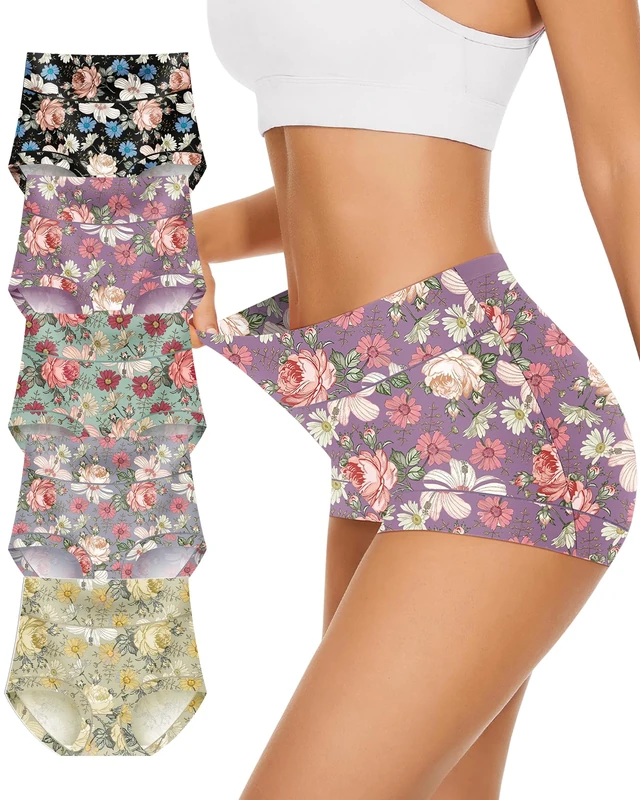 Women's High Waisted Milk Silk Printed Briefs, Soft Comfy Full Coverage Panties 5-Pack, Multi-color, X-Large - Image 1
