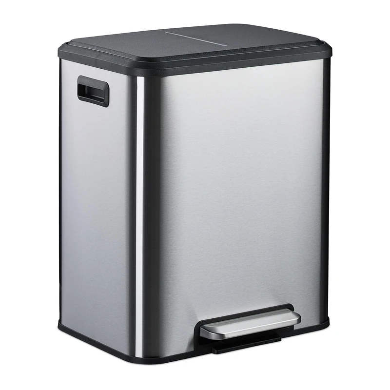 Relaxdays Kitchen Bin, 2 Compartments, 15 Litres Each, Inner Buckets, Foot Pedal, Recycling Dustbin, Soft-Close, Silver
