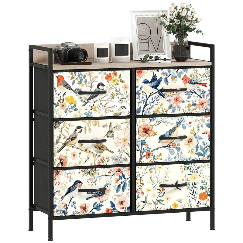 HOMCOM Bedroom Chest of Drawers, Fabric Dresser with 6 Drawers, Open Shelf and Steel Frame for Living Room, Hallway, White