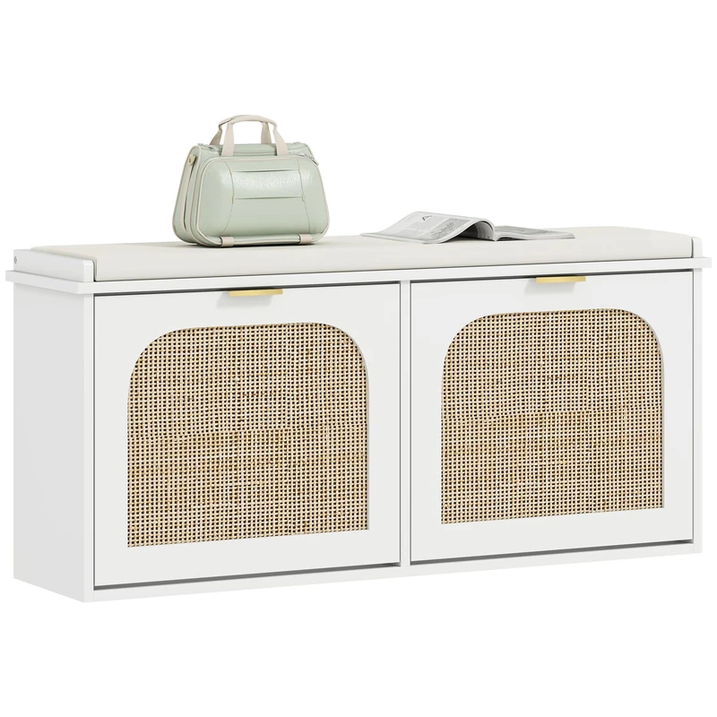 HOMCOM Narrow Shoe Bench with Padded Seat and 2 Flip-Drawers, Boho Shoe Storage Bench with Rattan Doors and Adjustable Shelves for Hallway, Entryway, Holds 10 Pairs, White
