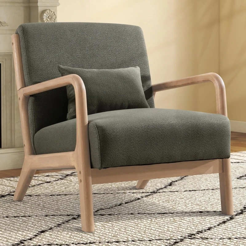 EBELLO Living Room Armchair, Modern Accent Chair with Solid Wood Frame, High Back Upholstered Reading Chair with Waist Cushion, Lounge Chairs for Living Room Bedroom Balcony, Green