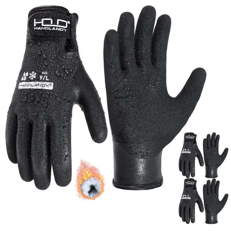 HANDLANDY 2 Pairs Winter Waterproof Work Gloves, Thermal Insulated Cold Weather Gloves with Grip for Men Women, for Freezer Fishing Warehouse (Black, L)